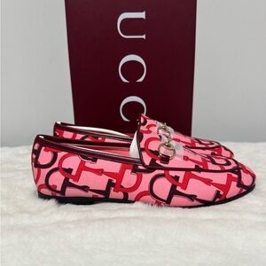 Gucci Pink Patterned Loafers with Gold Accent